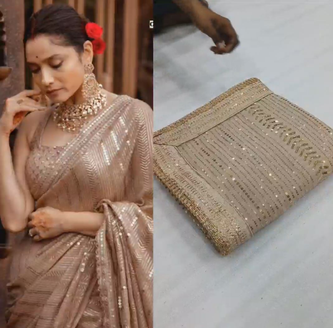Designer Beige Color Georgette Embroidered Sequence Work Saree Blouse