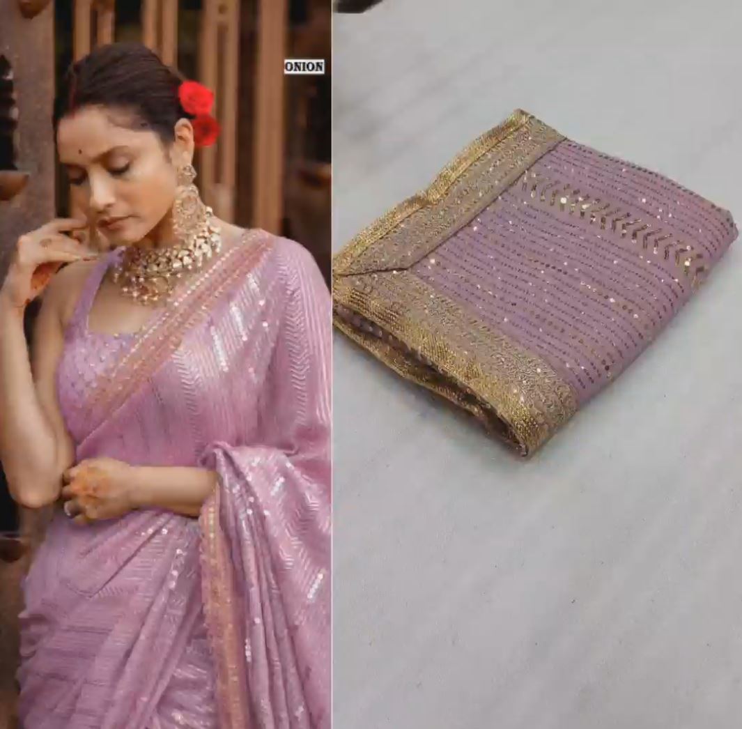 Designer Beige Color Georgette Embroidered Sequence Work Saree Blouse