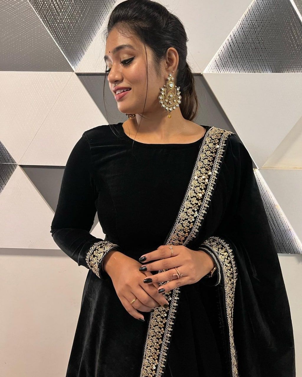 Party Wear Black color Velvet Fabric Anarkali Gown Dupatta Set
