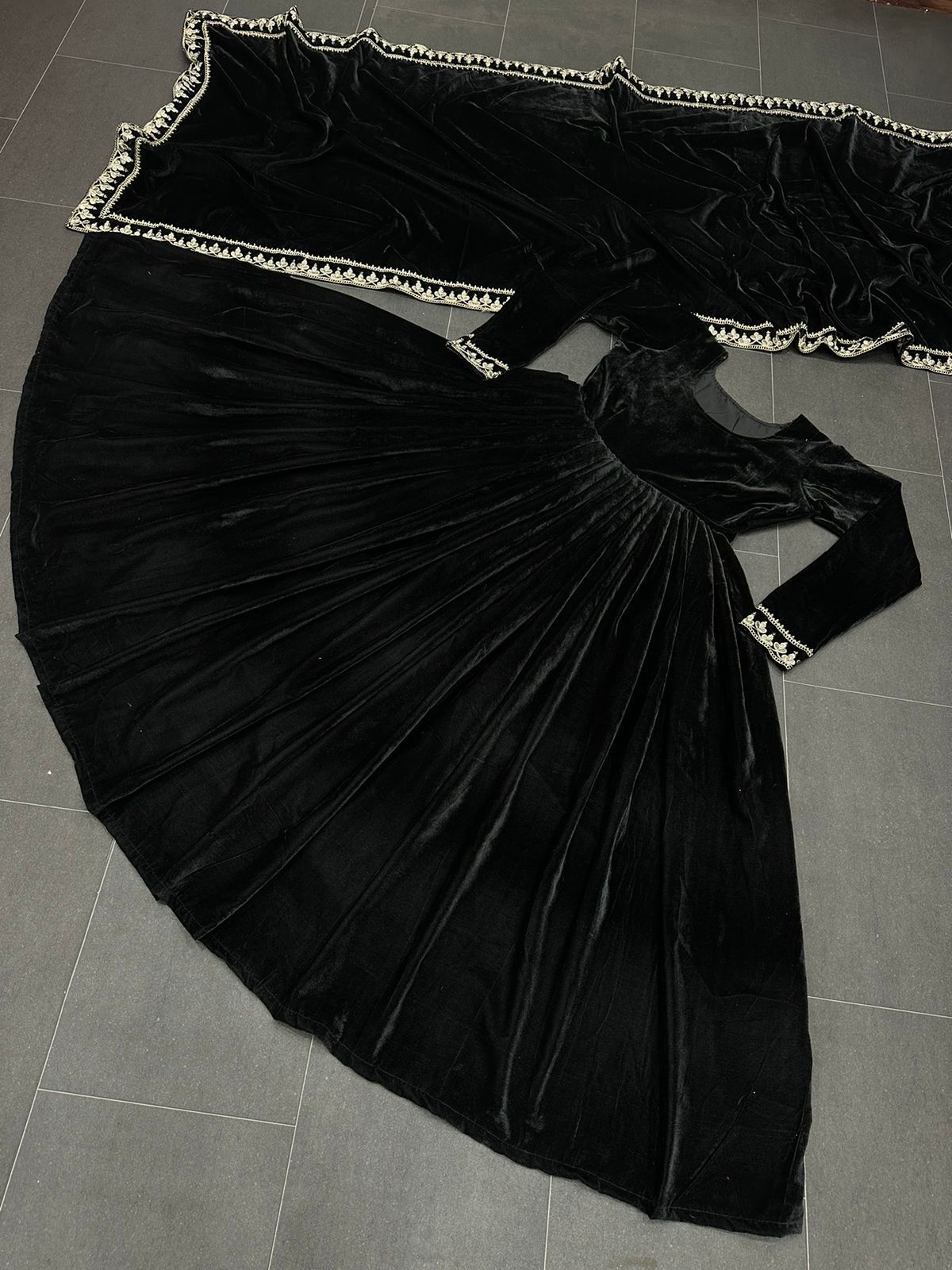 Party Wear Black color Velvet Fabric Anarkali Gown Dupatta Set