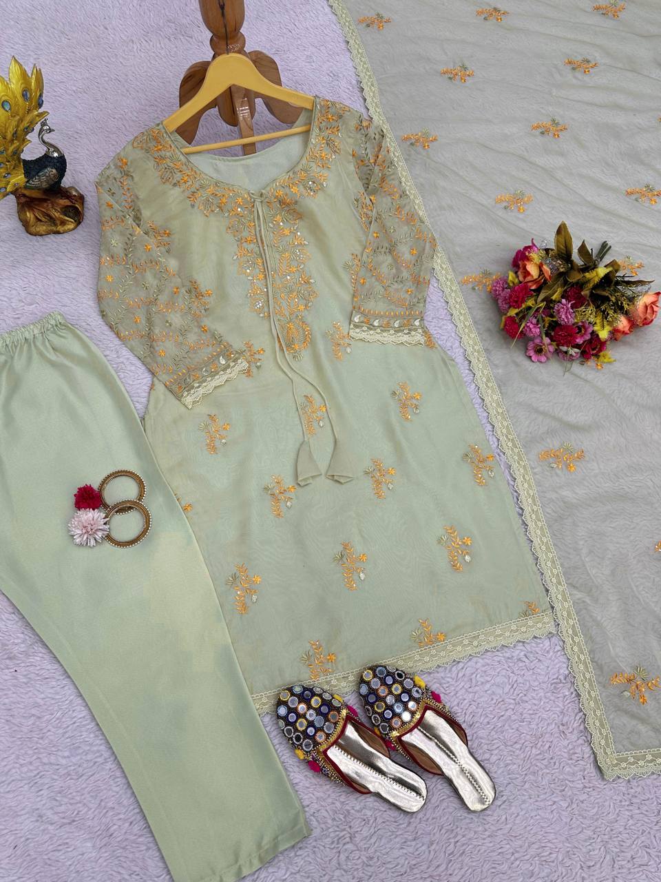 Mehendi Green Color Sequence Work Tibby Silk Salwar Suit