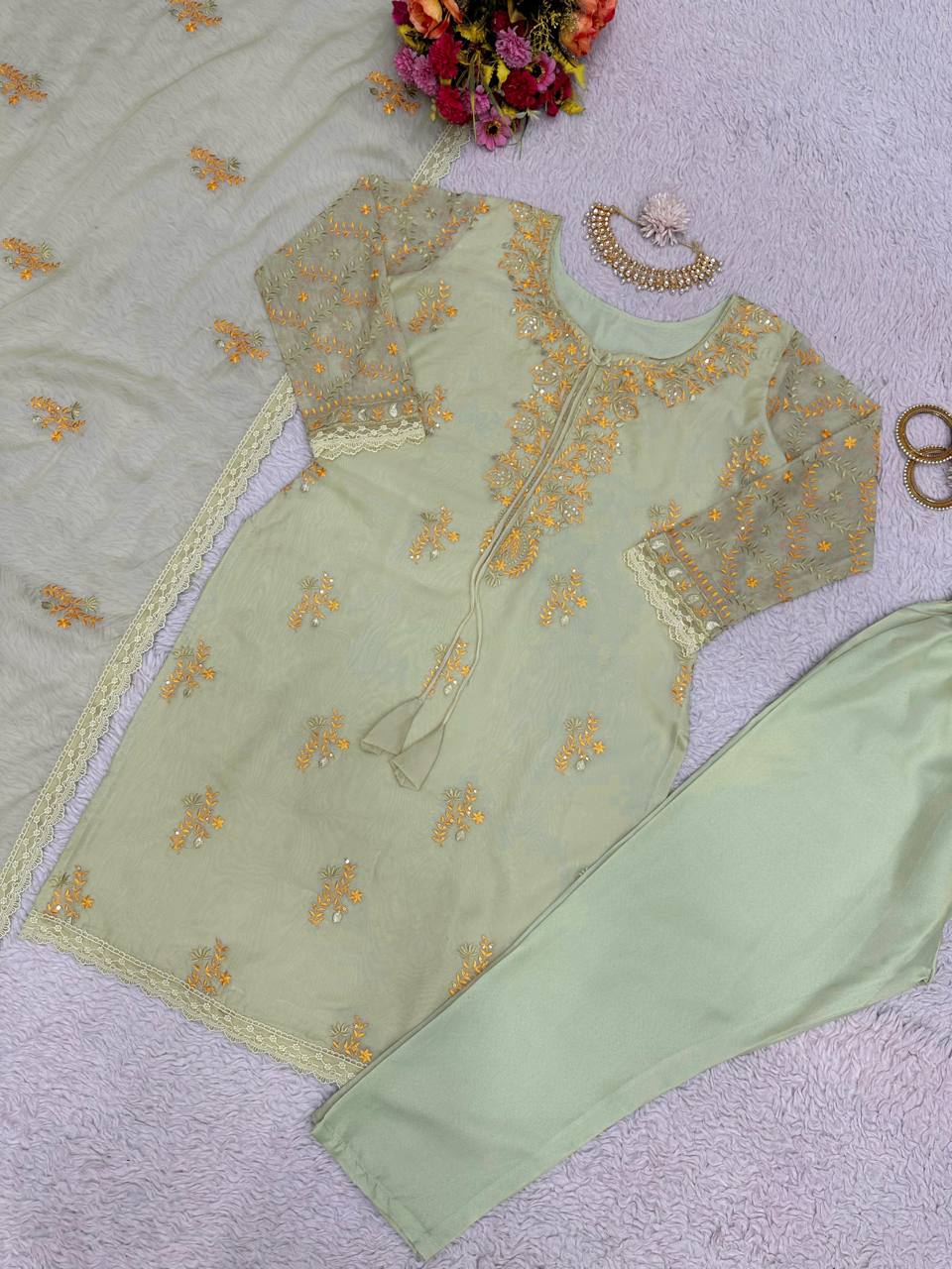 Mehendi Green Color Sequence Work Tibby Silk Salwar Suit