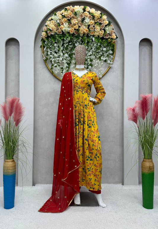 Splendid Yellow Color Anarkali Muslin Hand Work Digital Printed Salwar Suit