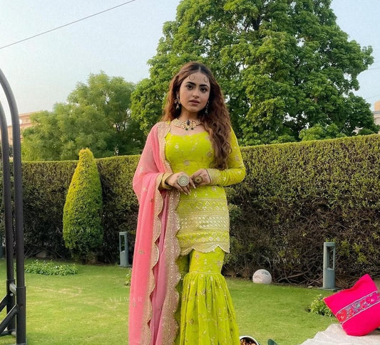 Green Party Wear Stitched Sharara Plazzo Suit Set For Women