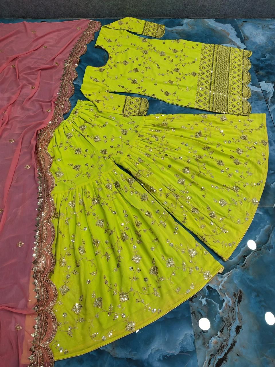 Green Party Wear Stitched Sharara Plazzo Suit Set For Women