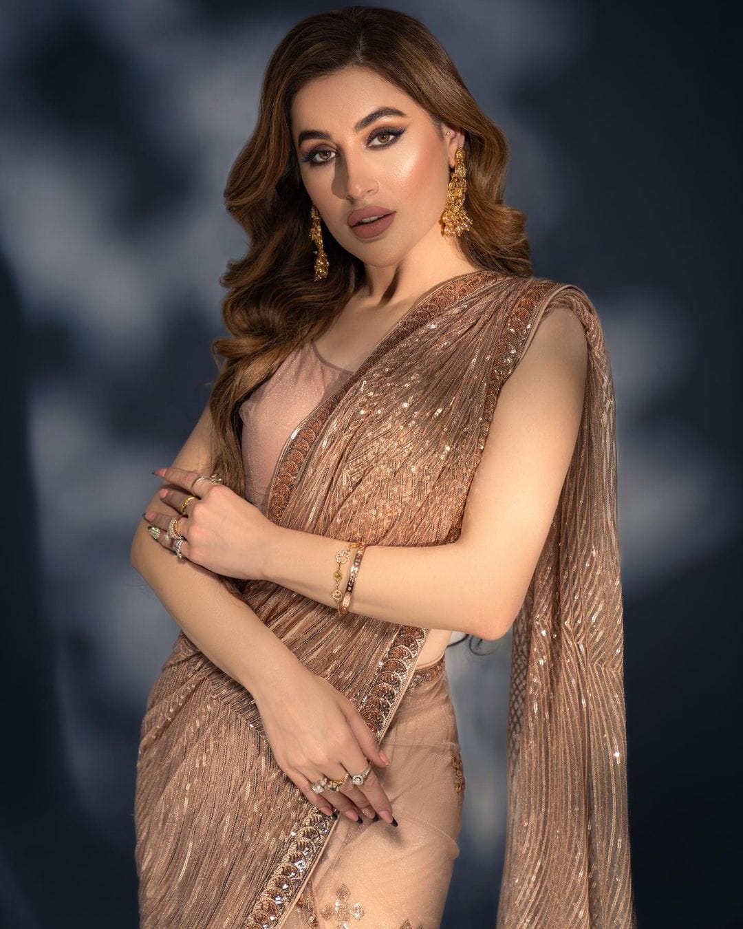 Golden color Designer Multi sequence net saree with blouse