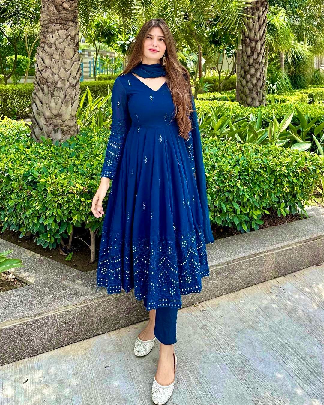 Party Wear Blue Anarkali Kurti Pent Dupatta Set for women