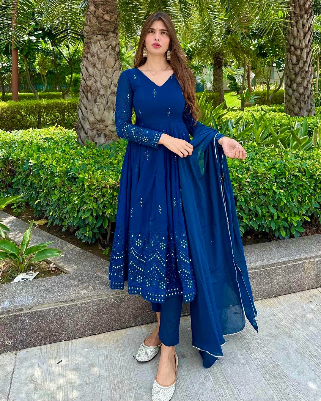 Party Wear Blue Anarkali Kurti Pent Dupatta Set for women