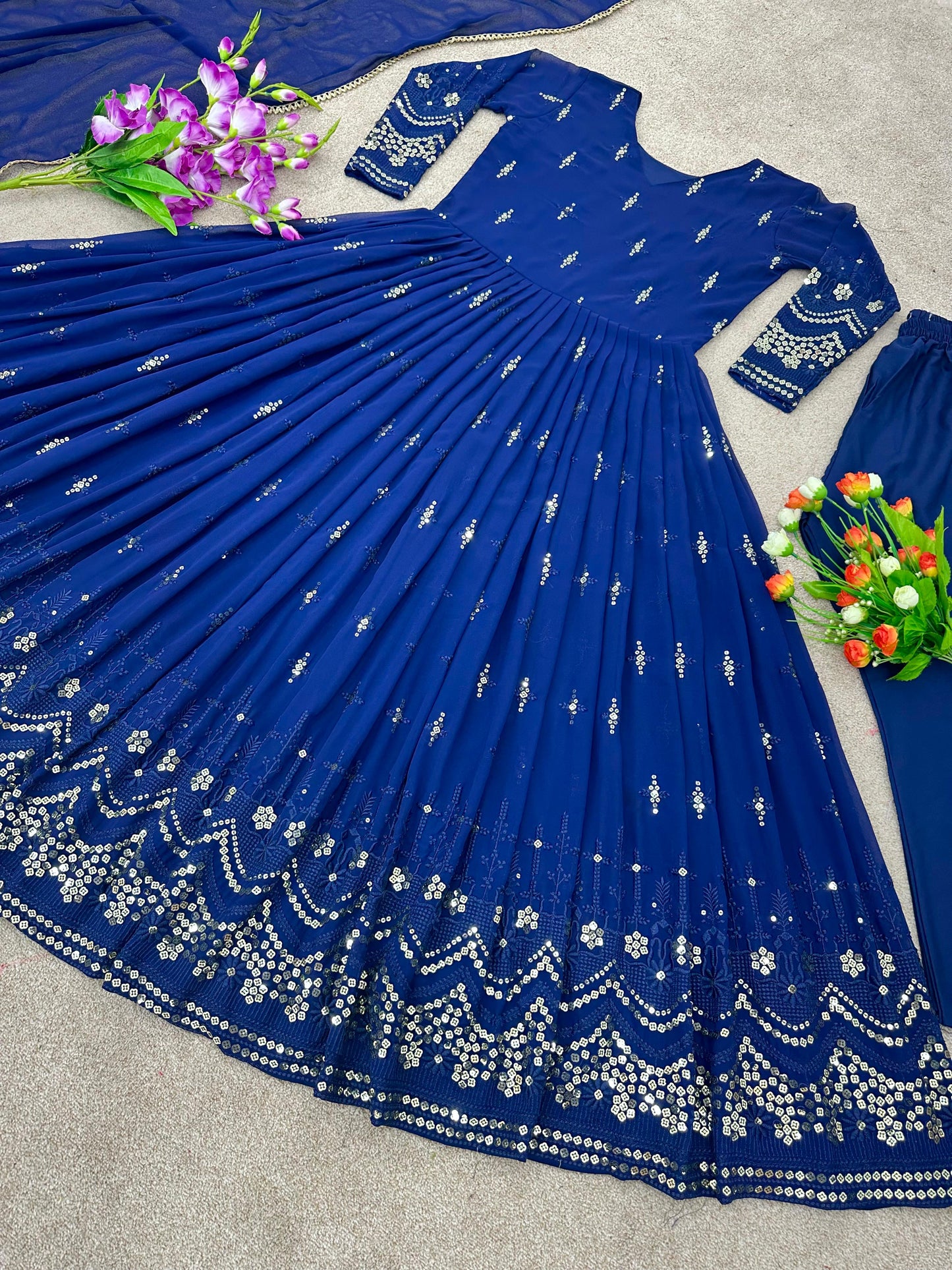Party Wear Blue Anarkali Kurti Pent Dupatta Set for women