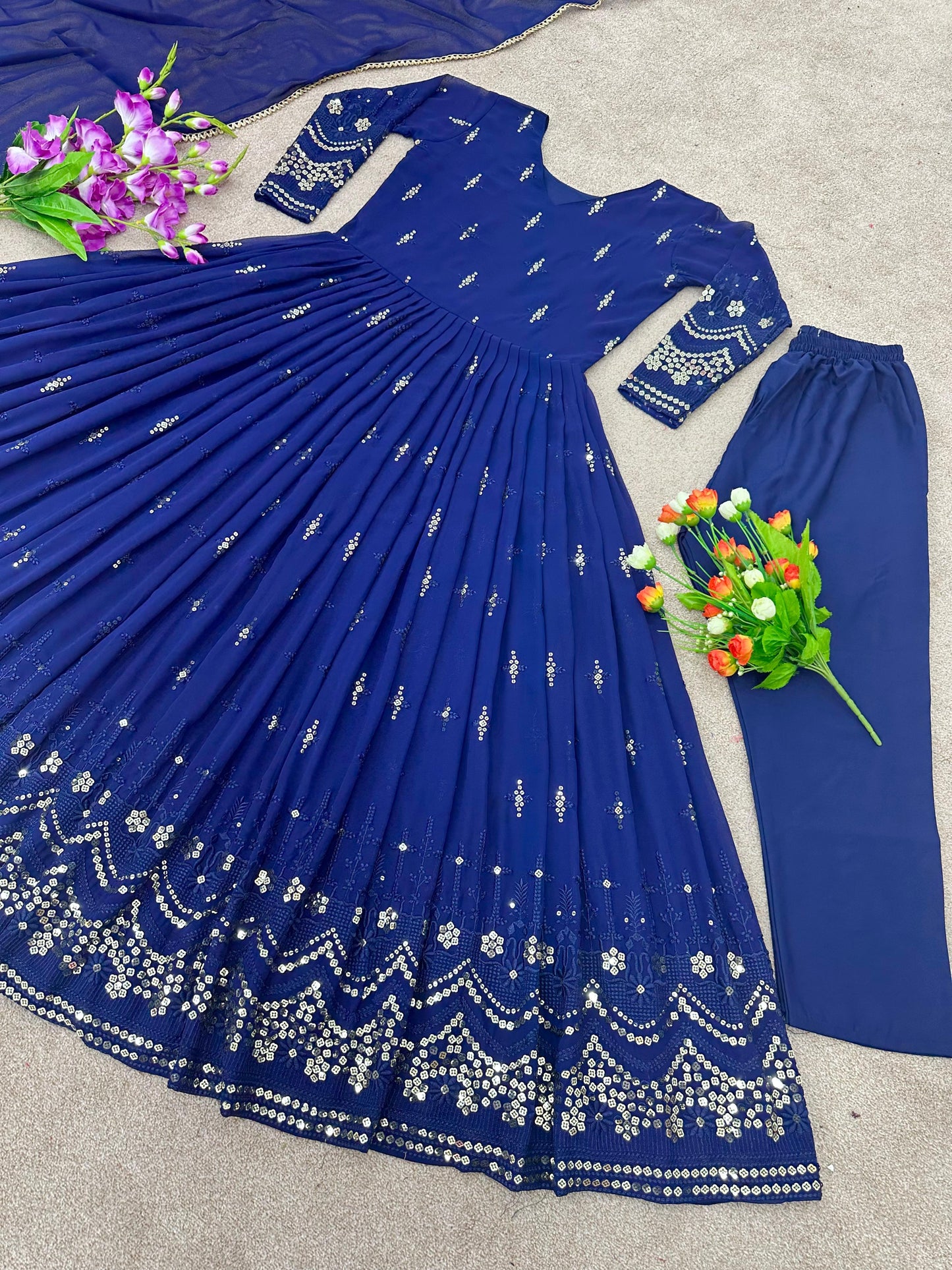 Party Wear Blue Anarkali Kurti Pent Dupatta Set for women