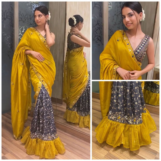 Yellow Saburi Silk Print with embroidery saree with blouse