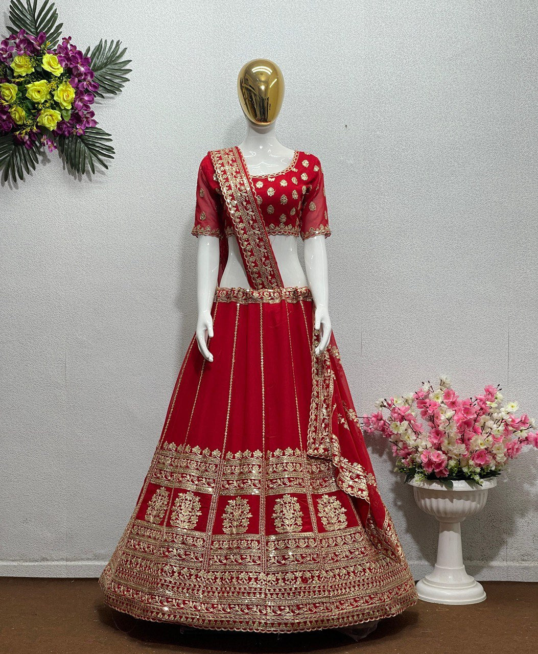 strapless open back dress Bridal Red & Gold Wedding Lehenga Set [product_title] | OORVI DESAI main image 0