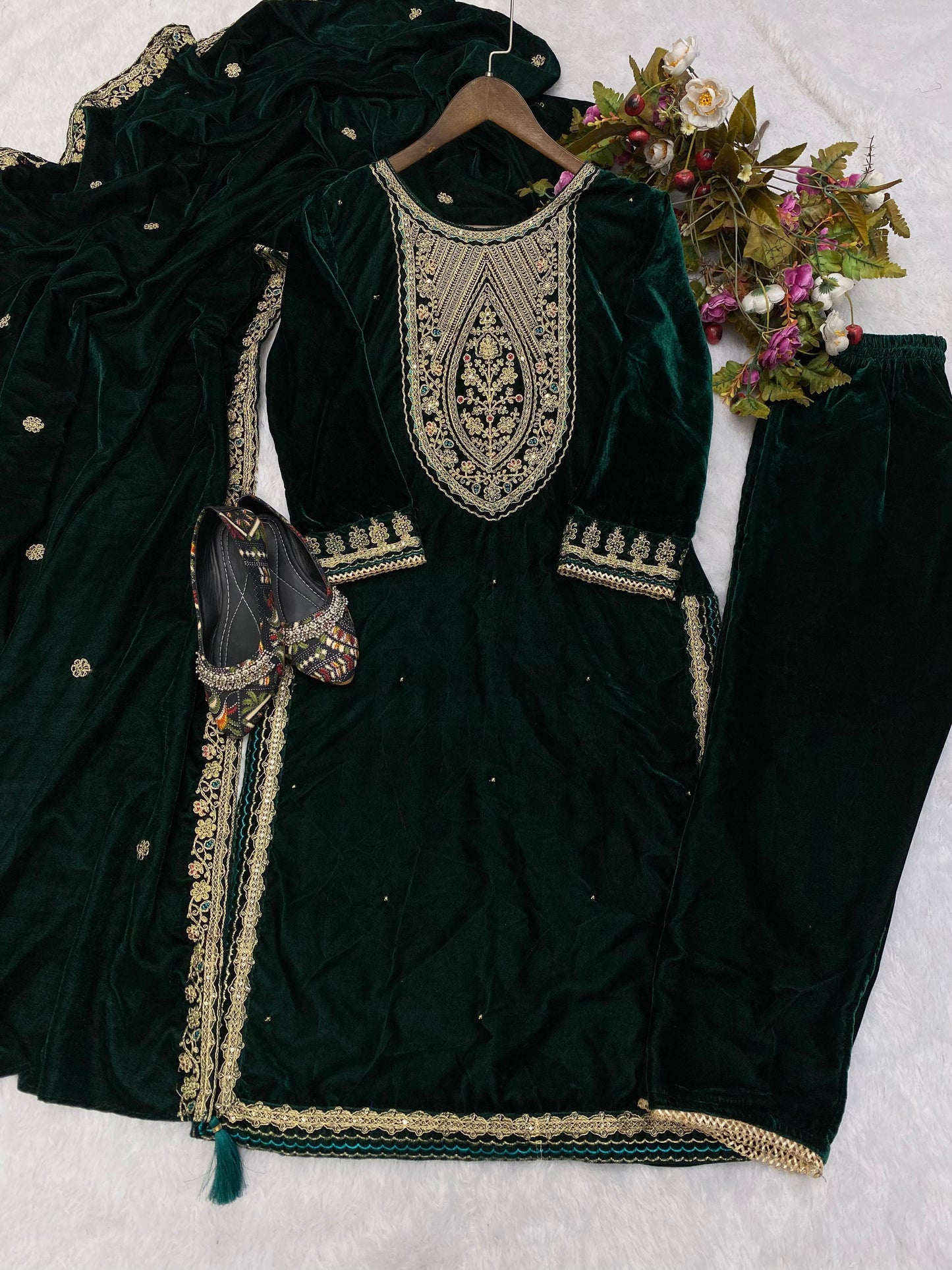 Party Wear Green Velvet Plazzo Suit For Women