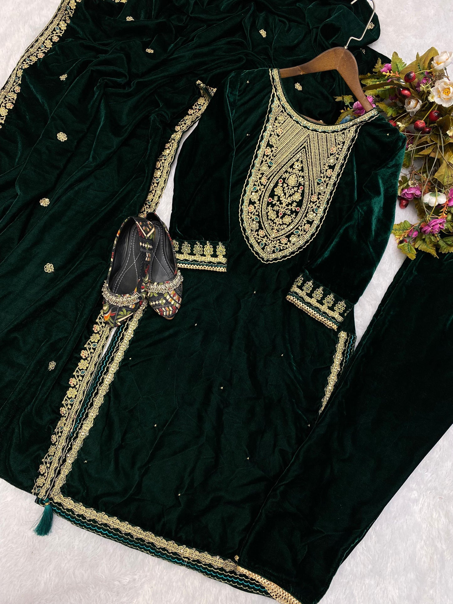 Party Wear Green Velvet Plazzo Suit For Women
