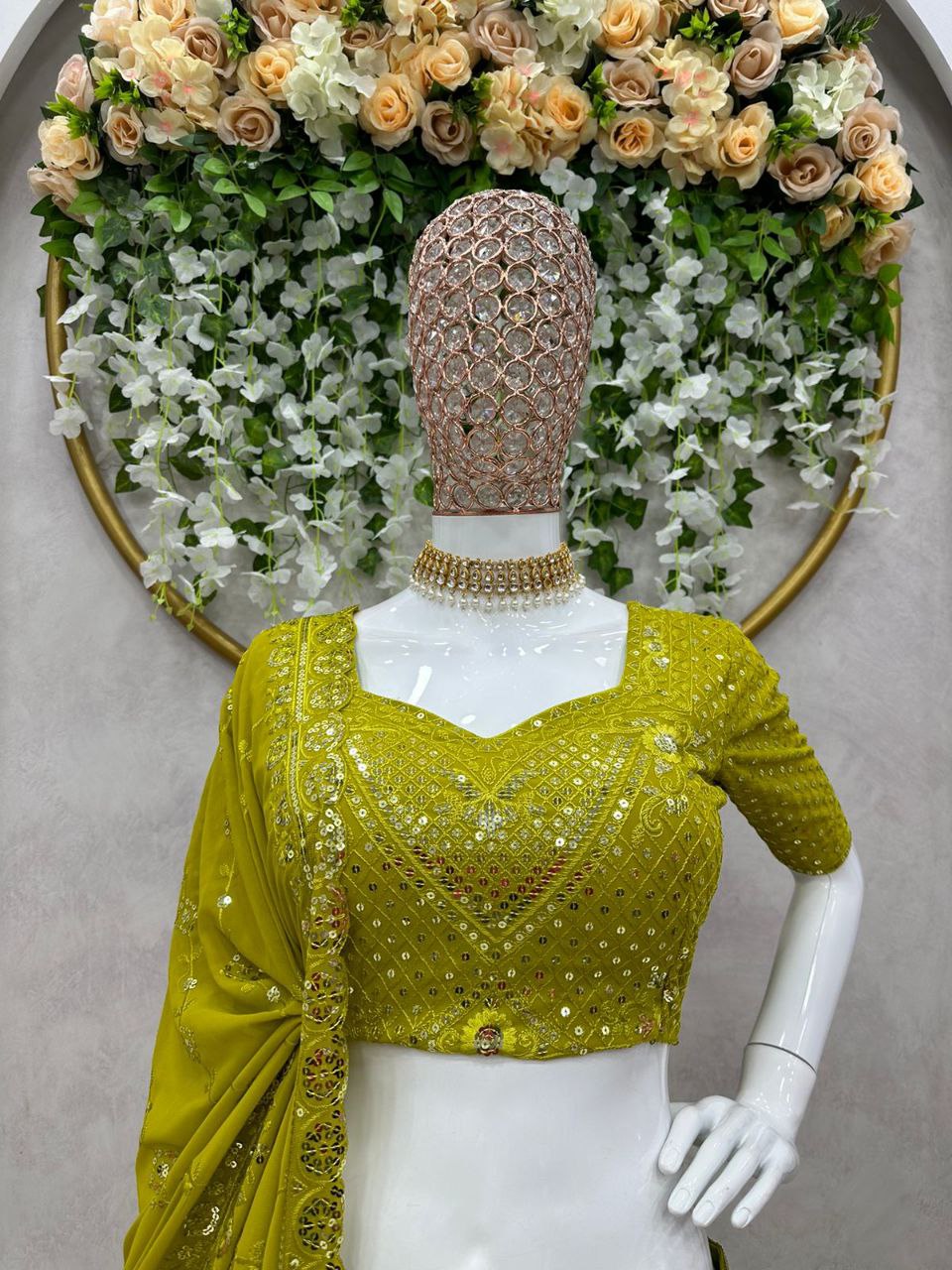 Green Color Georgette Wedding Lehenga Choli Dupatta