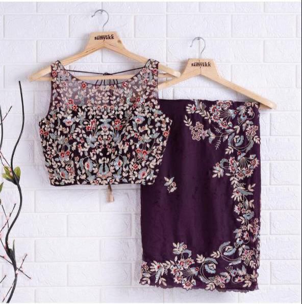 Wine Organza Saree with full Embroidery work