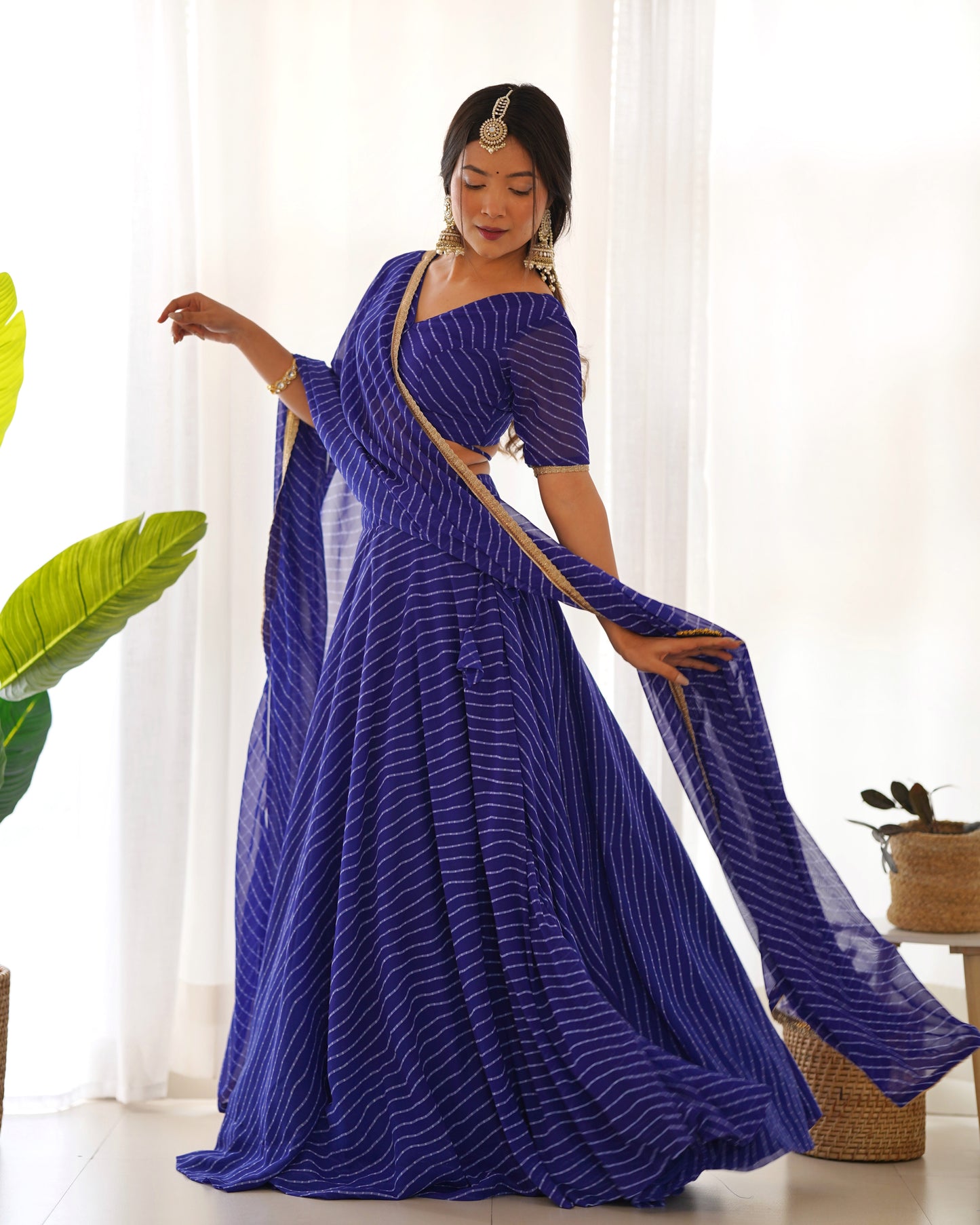 Awesome Blue Leheriya Print Georgette Lehenga Choli For Women