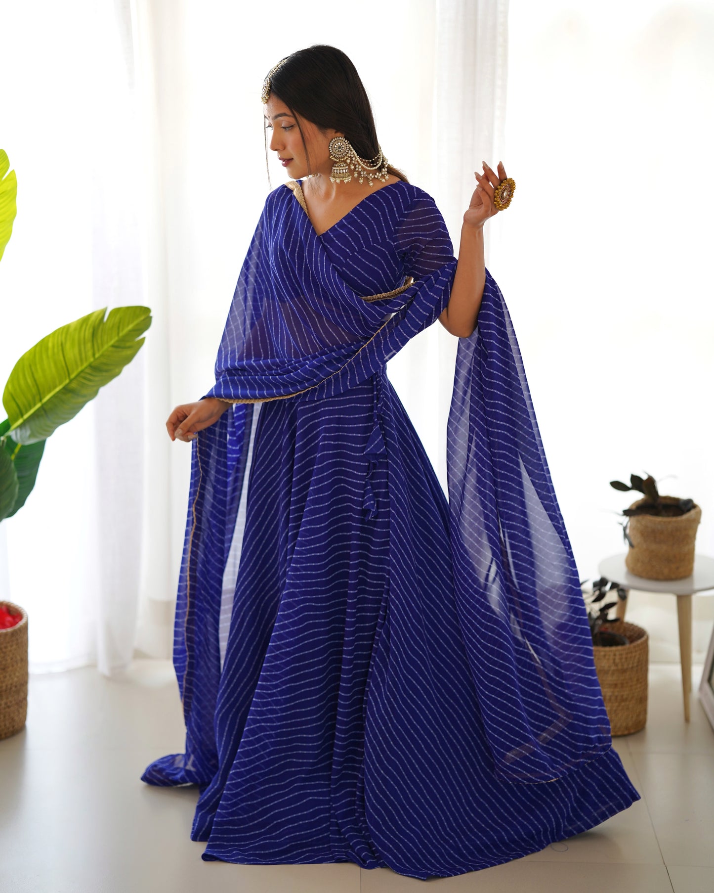 Awesome Blue Leheriya Print Georgette Lehenga Choli For Women