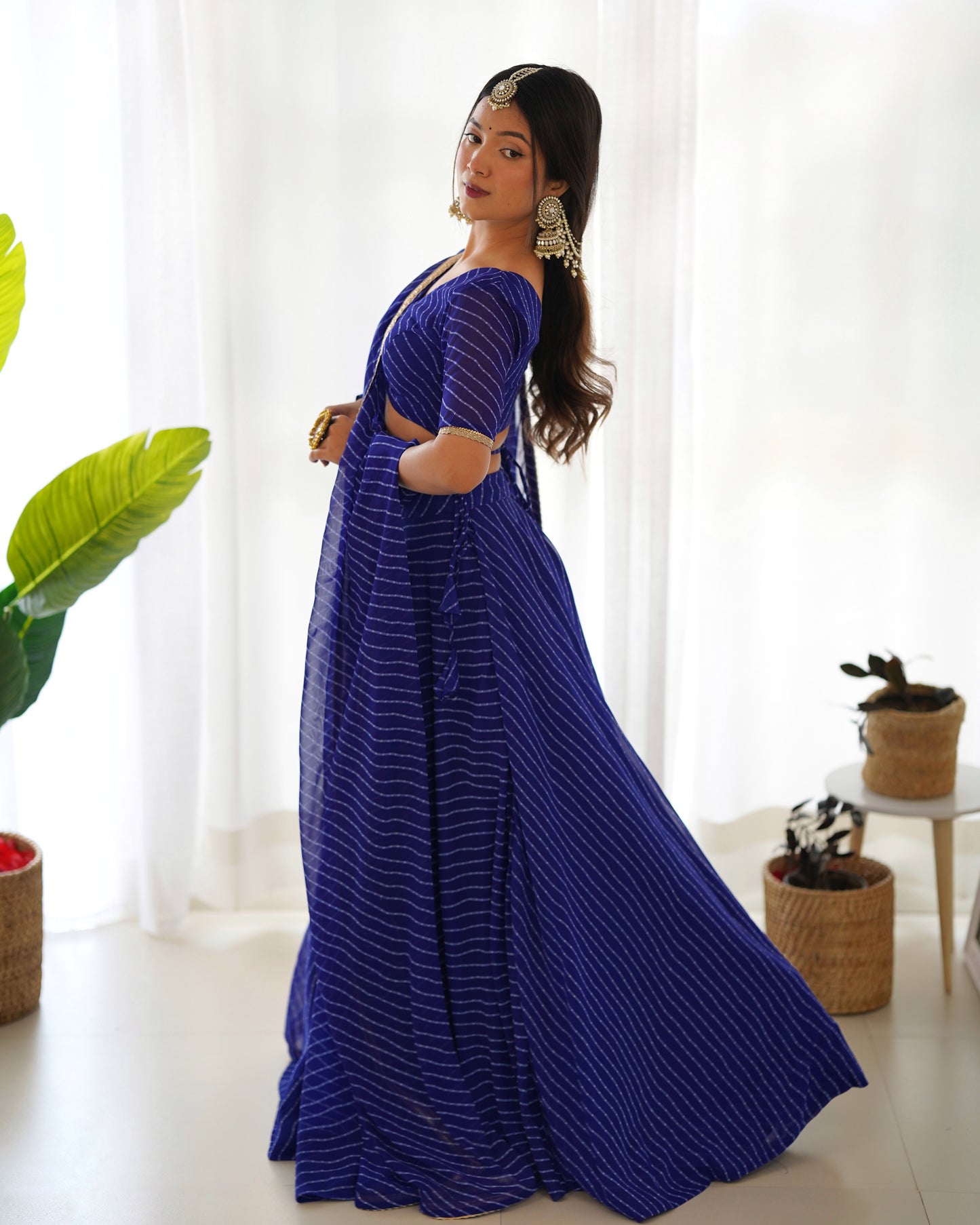 Awesome Blue Leheriya Print Georgette Lehenga Choli For Women