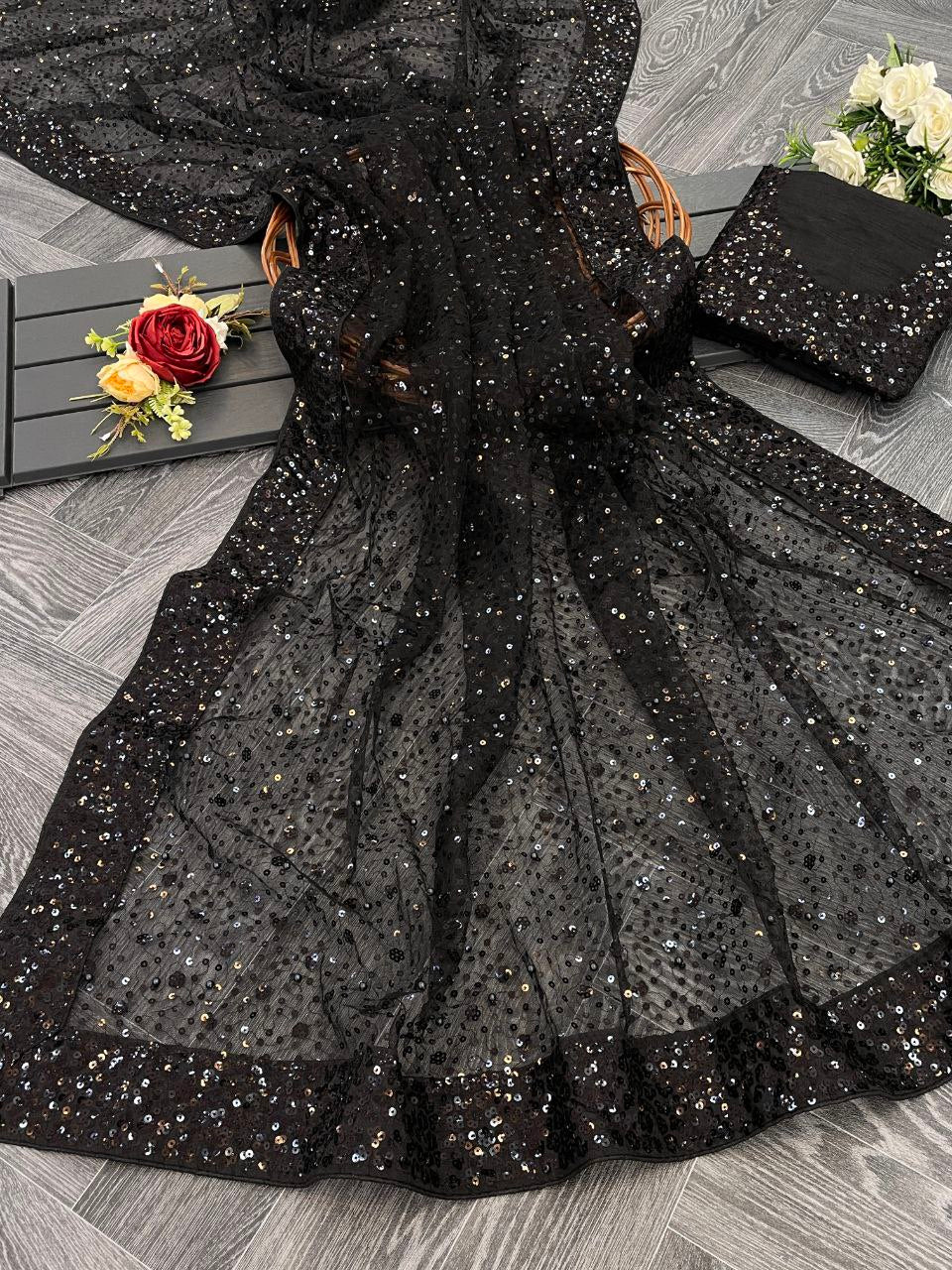 Net Sequence Embroidery Work Saree With Blouse