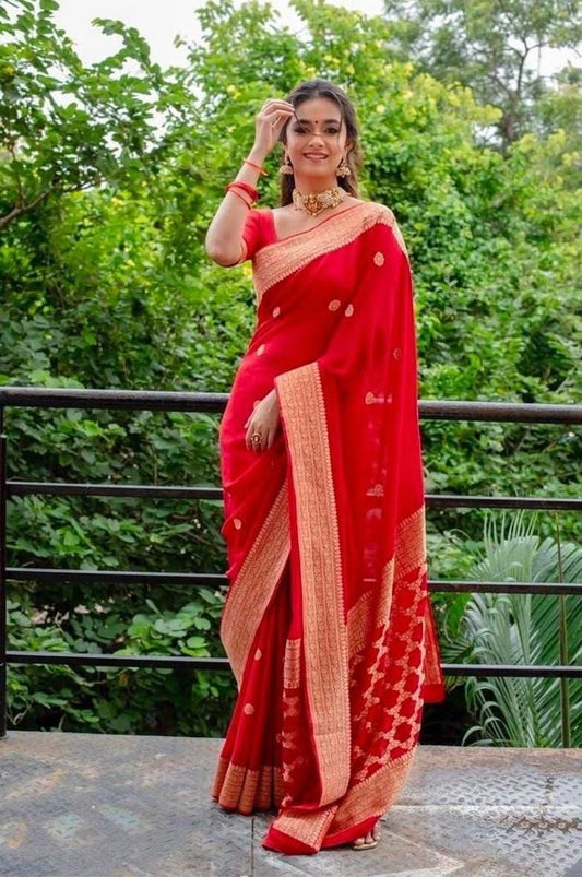 Red color soft lichi silk saree with blouse