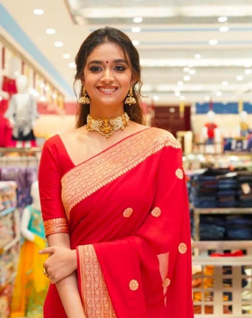 Red color soft lichi silk saree with blouse