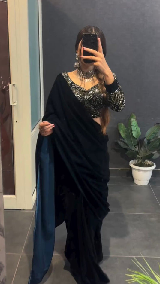 Blacek color Velvet Designer Saree With Unstitched Blouse