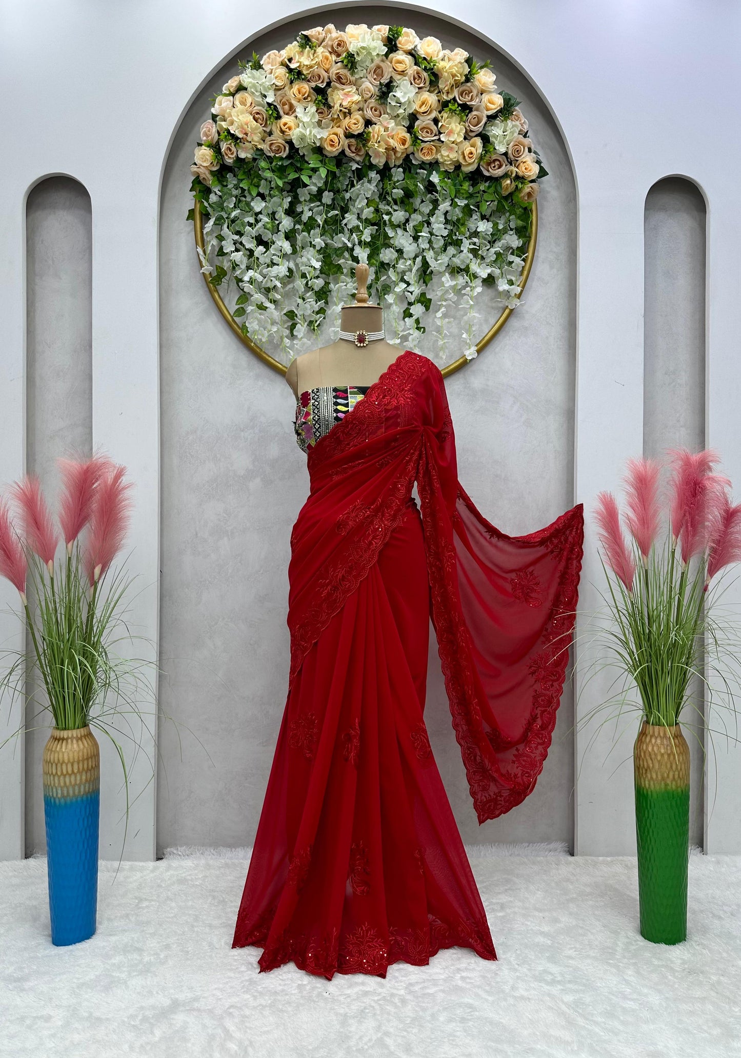 Red Georgette Designer Saree with blouse