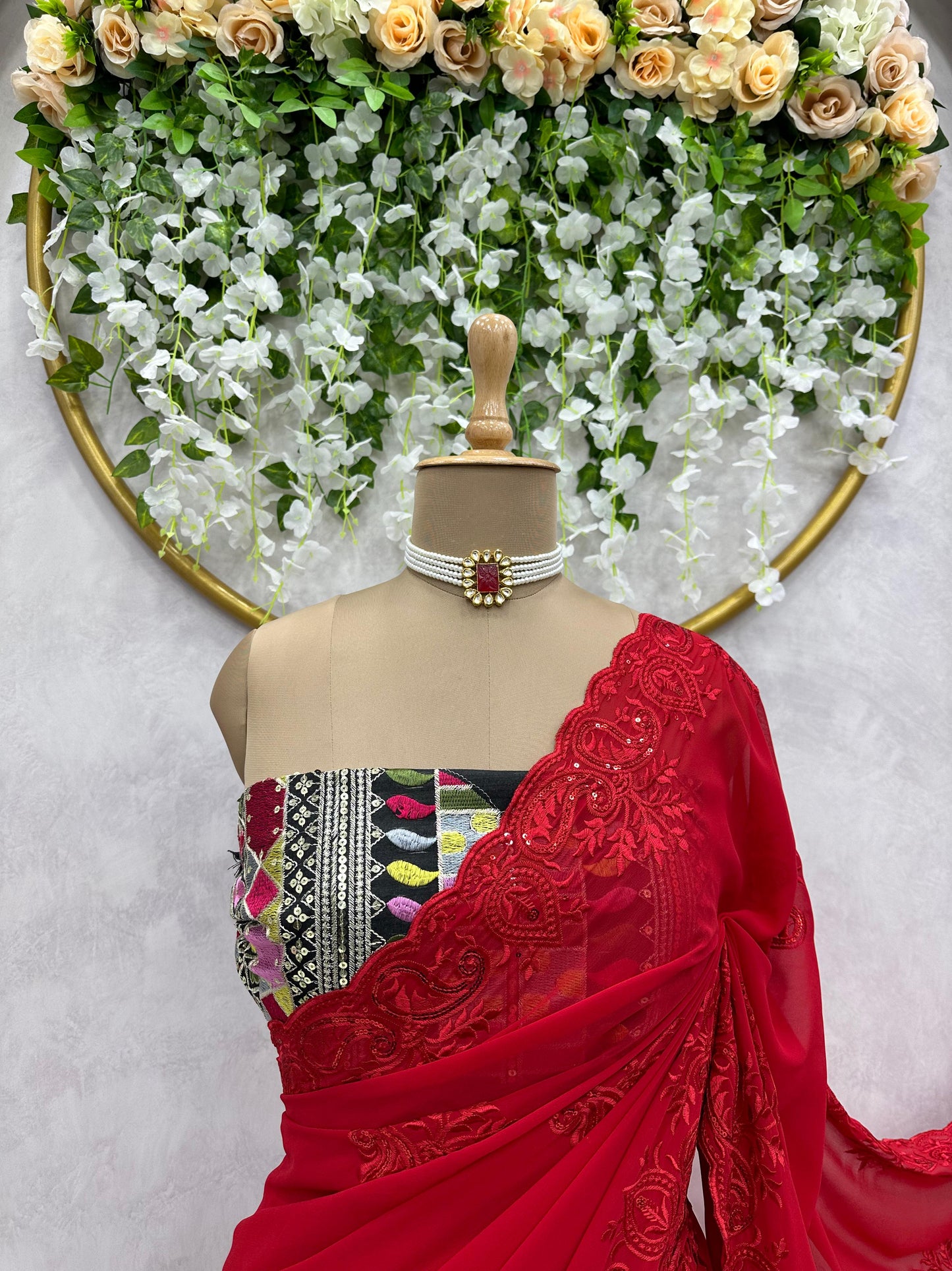 Red Georgette Designer Saree with blouse