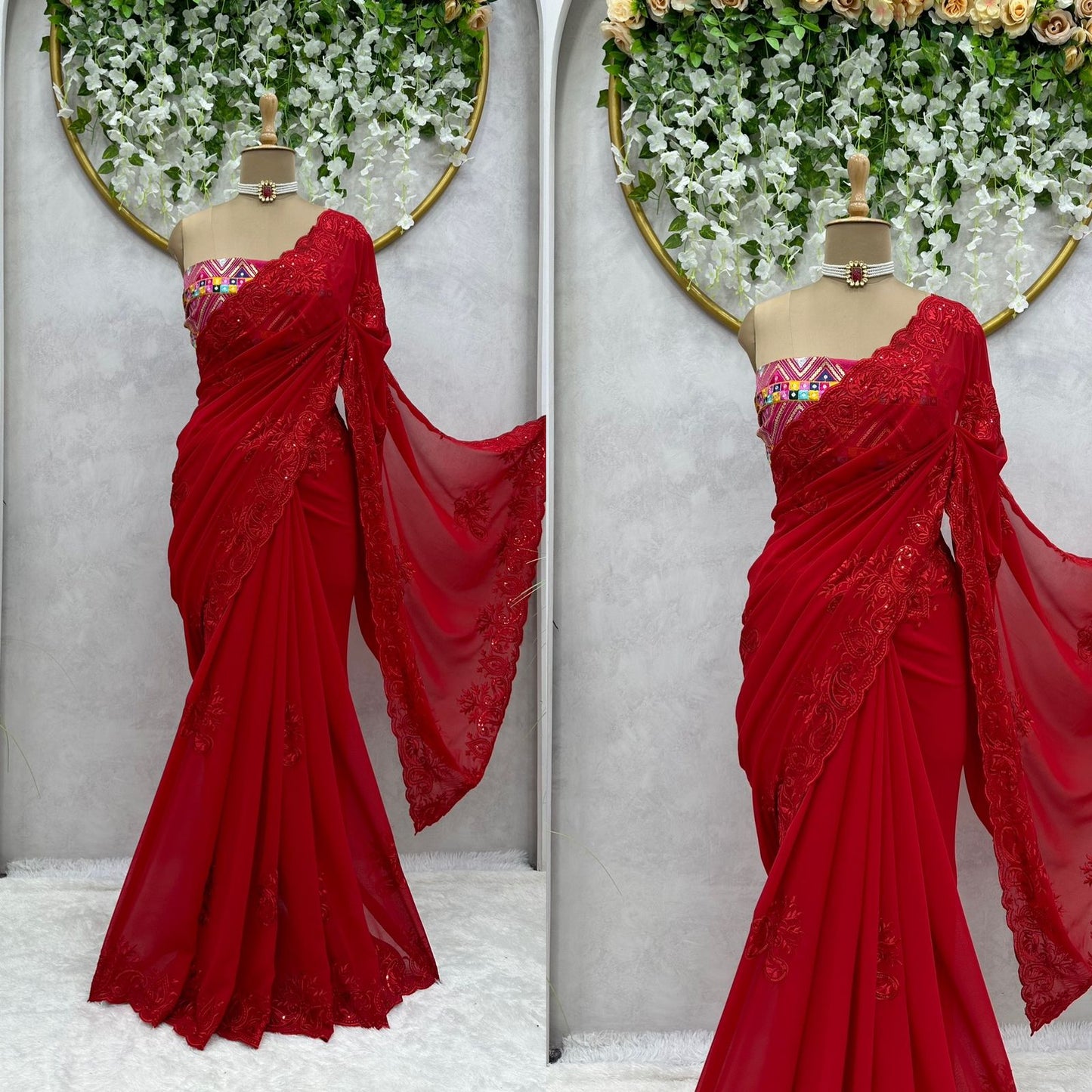Red Georgette Designer Saree with blouse