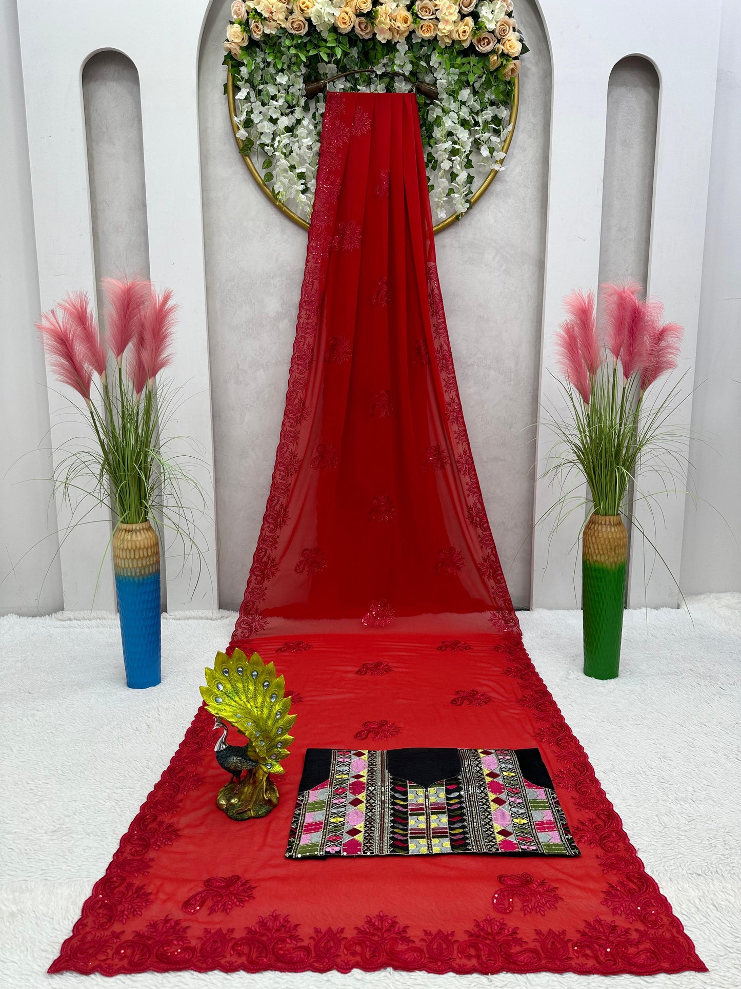 Red Georgette Designer Saree with blouse
