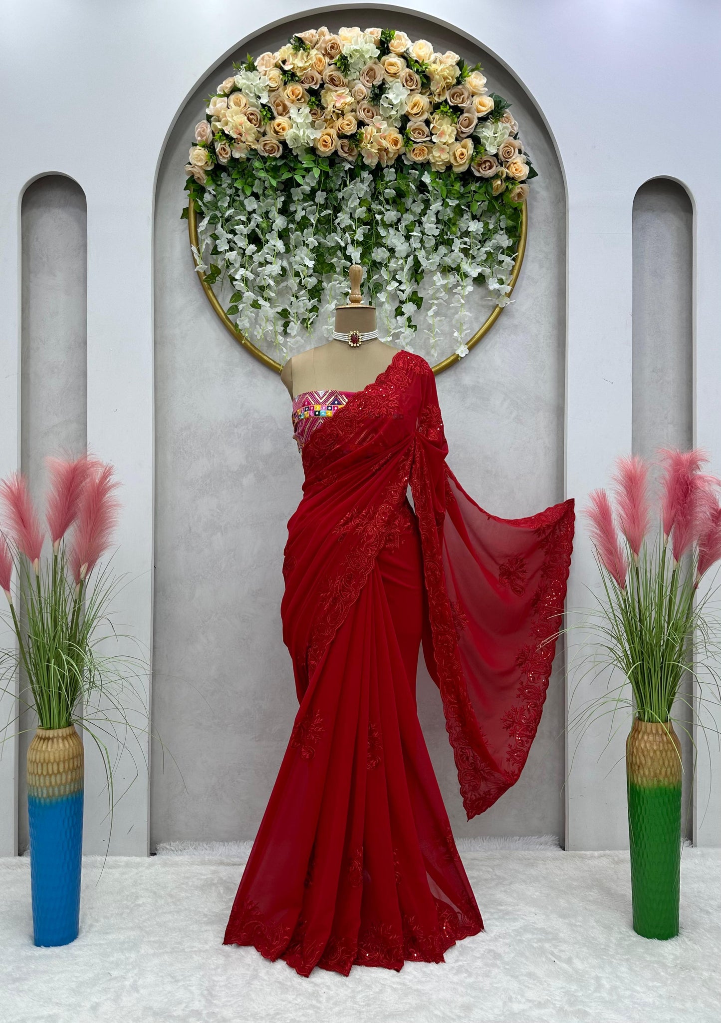 Red Georgette Designer Saree with blouse