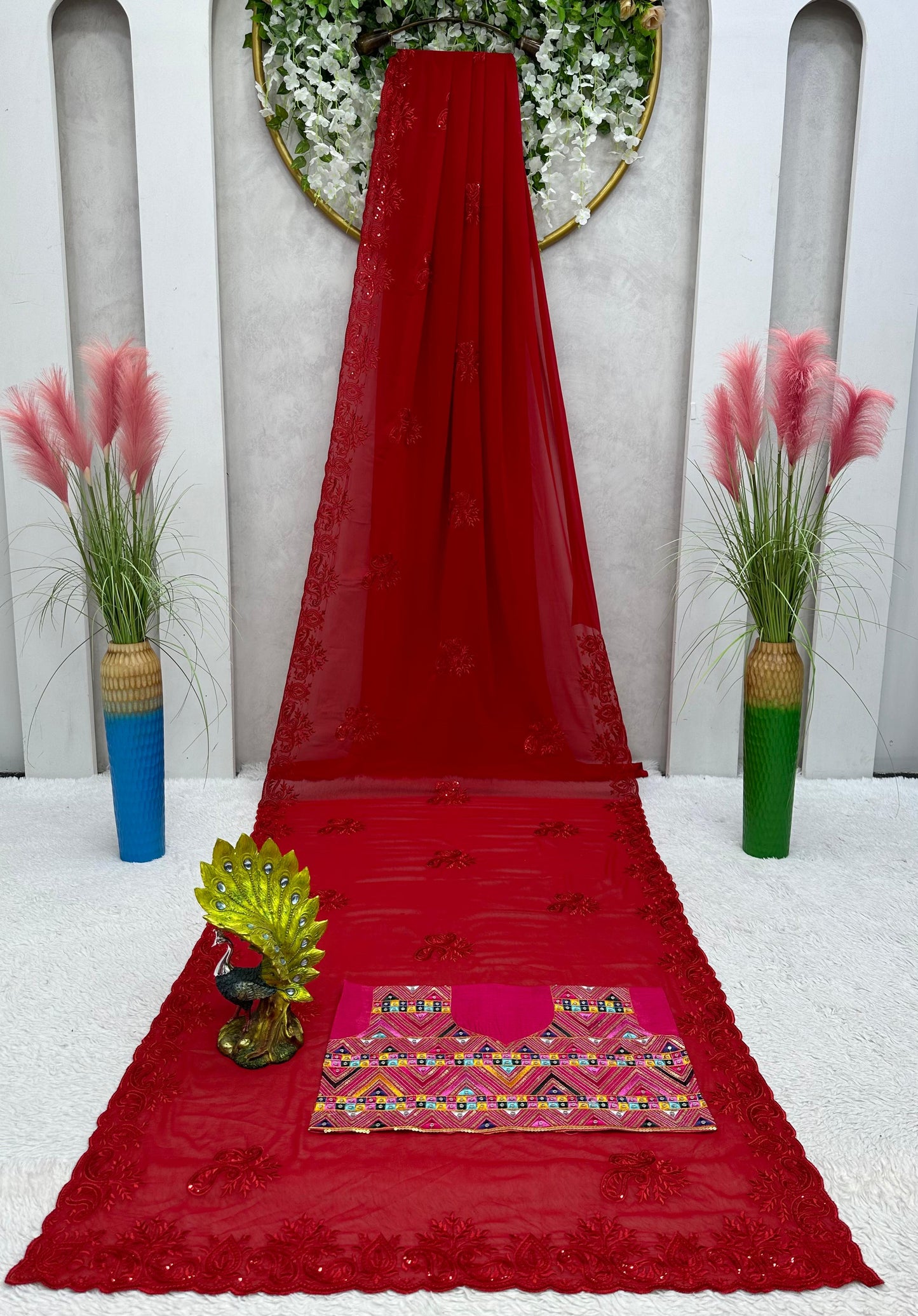 Red Georgette Designer Saree with blouse