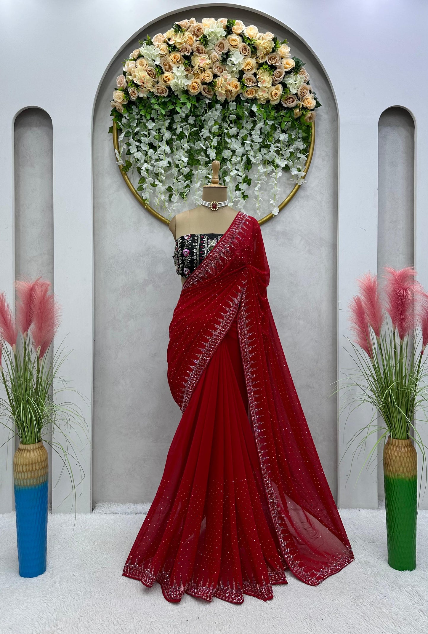 Red Georgette Designer Saree with blouse