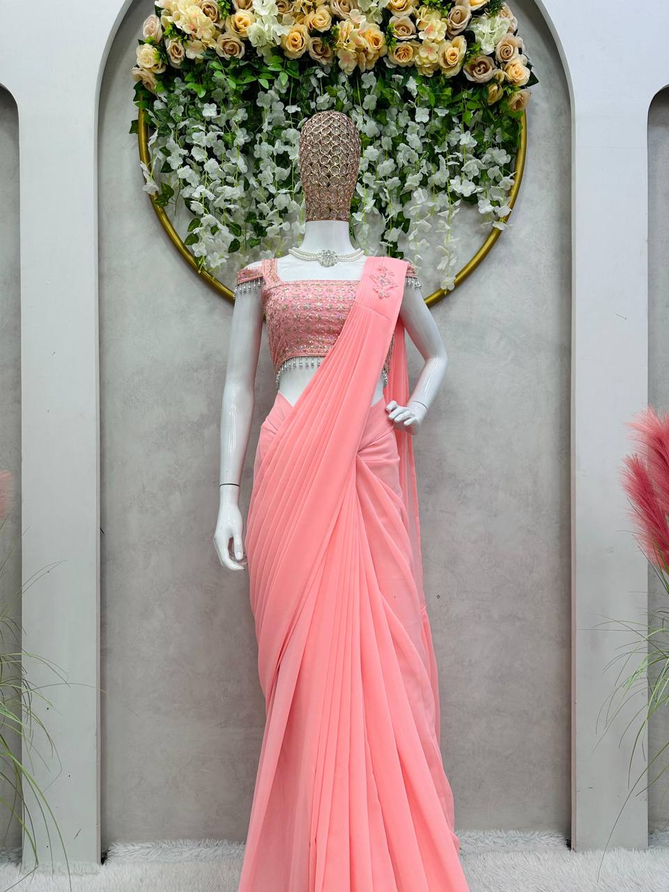 Latest Georgette Patch Ruffle Work Ready To Wear Saree For Women