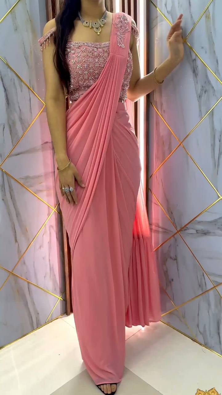 Latest Georgette Patch Ruffle Work Ready To Wear Saree For Women