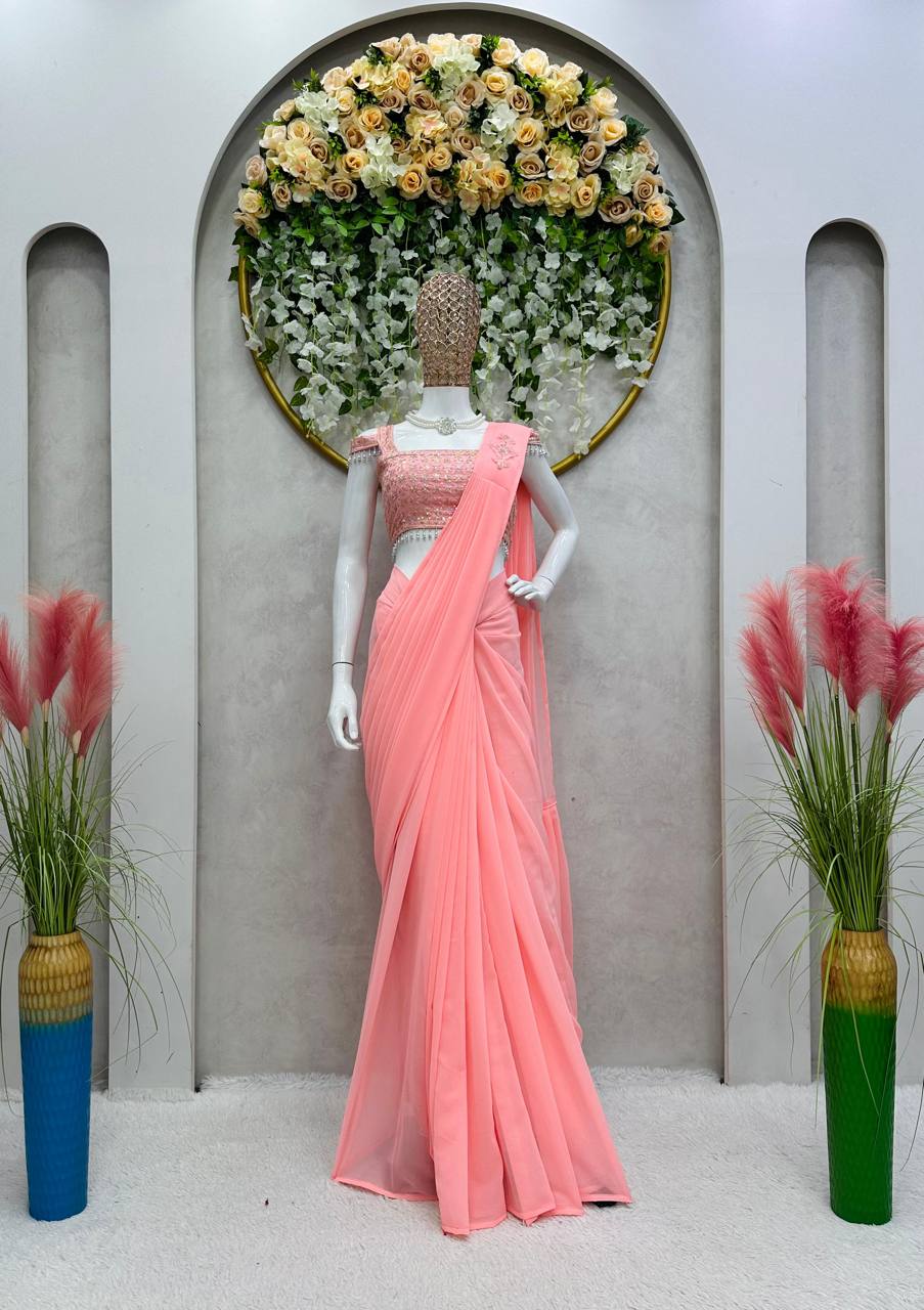 Latest Georgette Patch Ruffle Work Ready To Wear Saree For Women