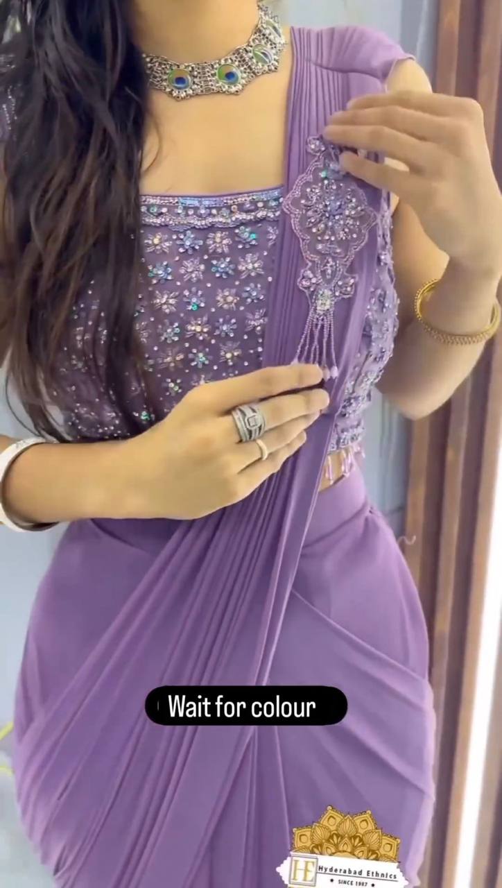 Latest Georgette Patch Ruffle Work Ready To Wear Saree For Women