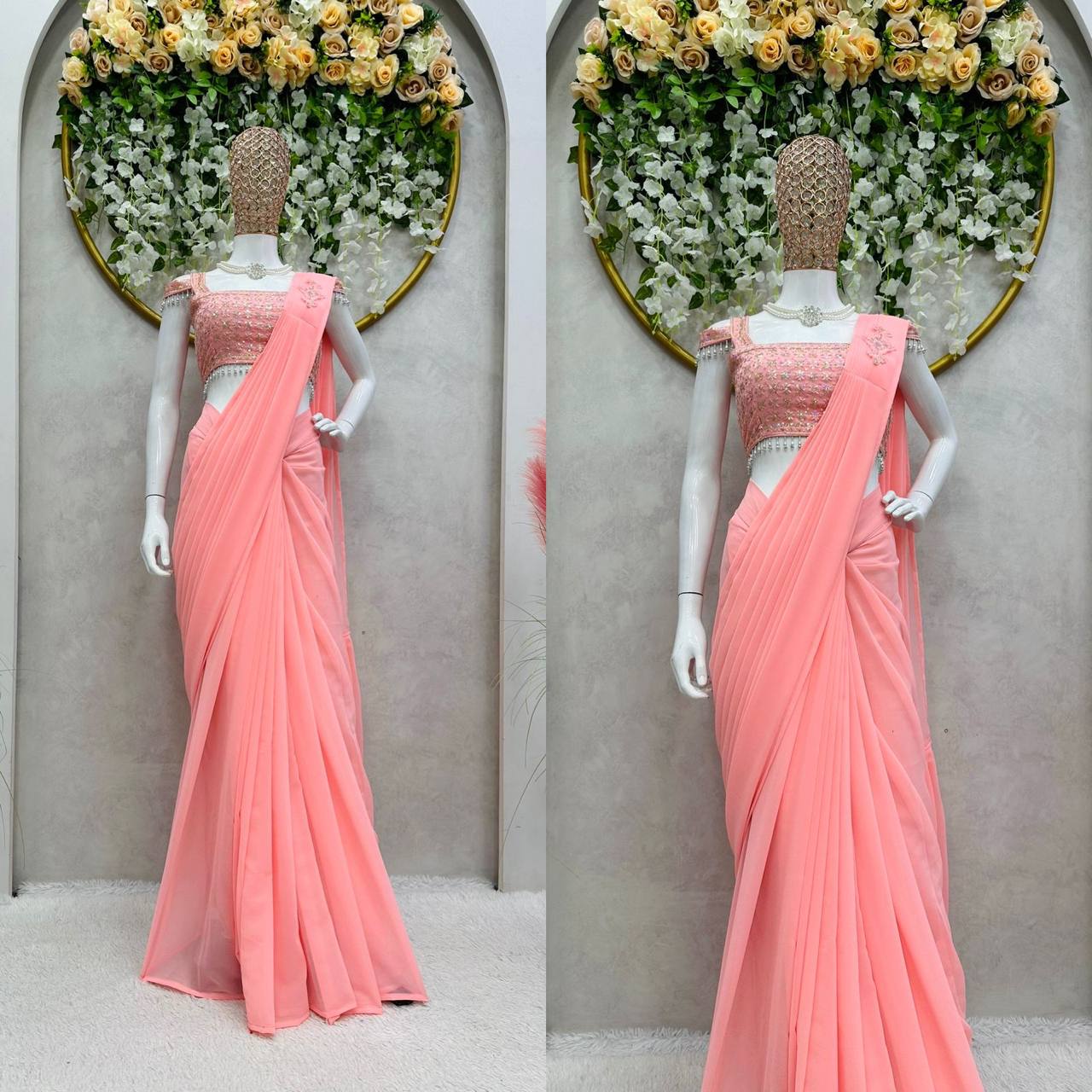 Latest Georgette Patch Ruffle Work Ready To Wear Saree For Women