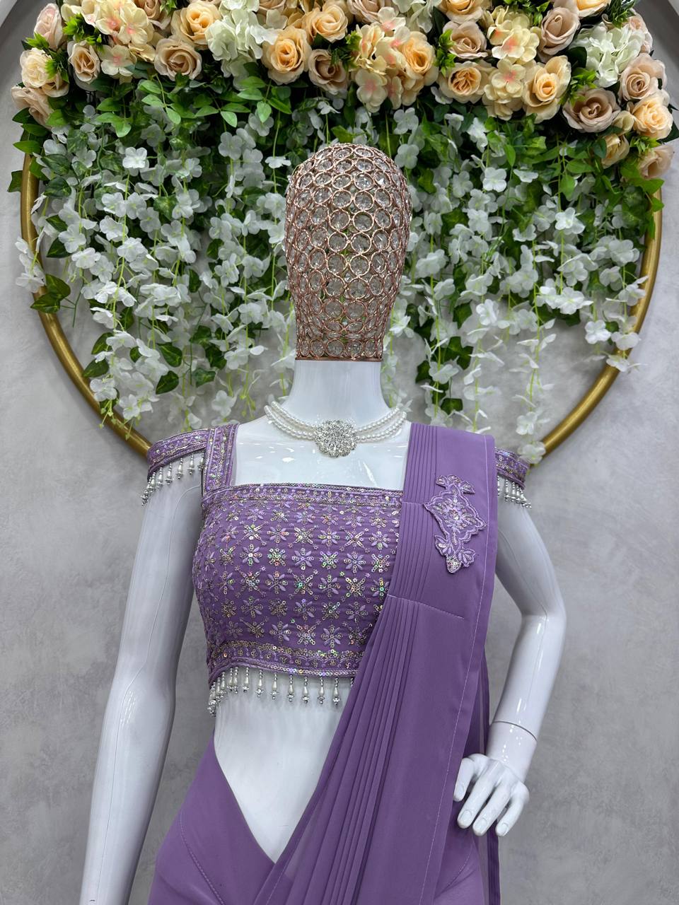 Latest Georgette Patch Ruffle Work Ready To Wear Saree For Women