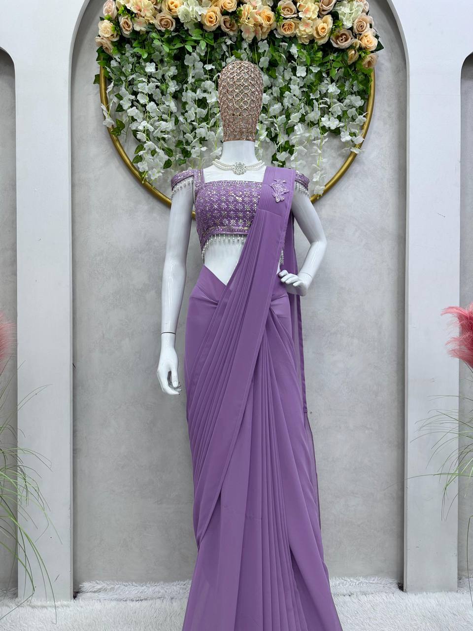 Latest Georgette Patch Ruffle Work Ready To Wear Saree For Women