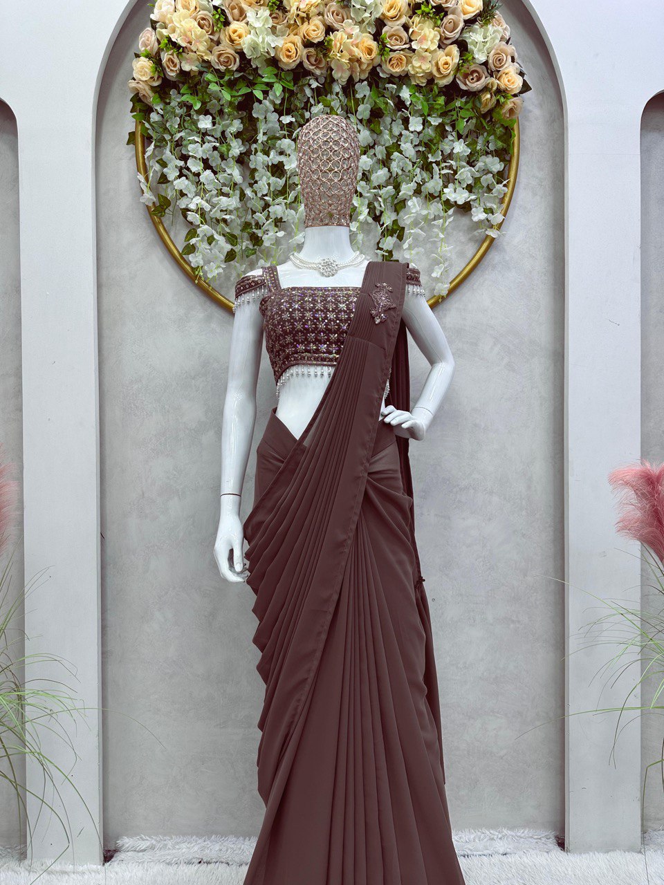 Latest Georgette Patch Ruffle Work Ready To Wear Saree For Women