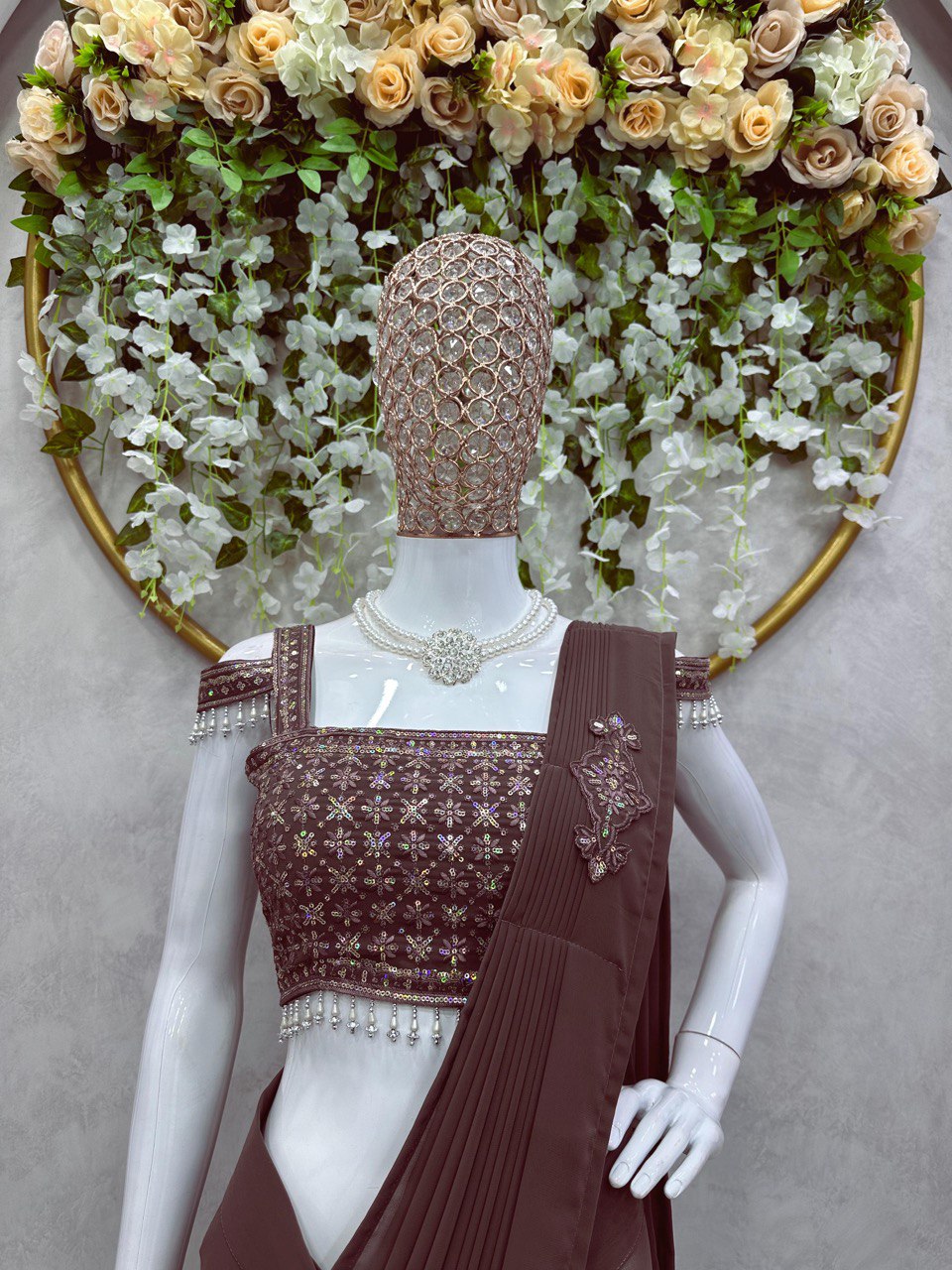 Latest Georgette Patch Ruffle Work Ready To Wear Saree For Women