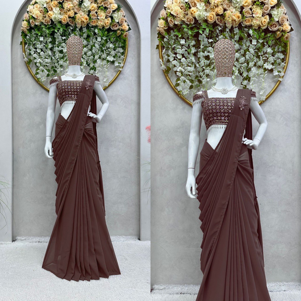 Latest Georgette Patch Ruffle Work Ready To Wear Saree For Women
