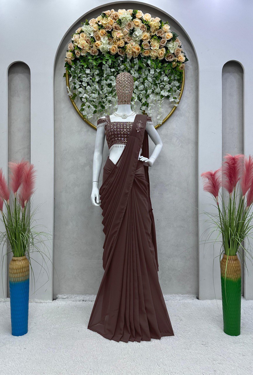Latest Georgette Patch Ruffle Work Ready To Wear Saree For Women