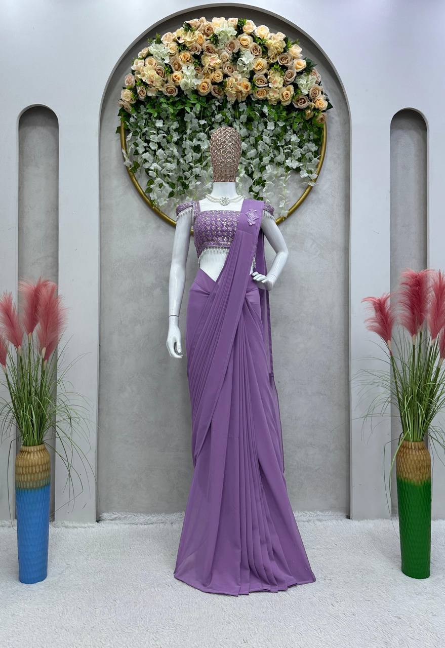 Latest Georgette Patch Ruffle Work Ready To Wear Saree For Women