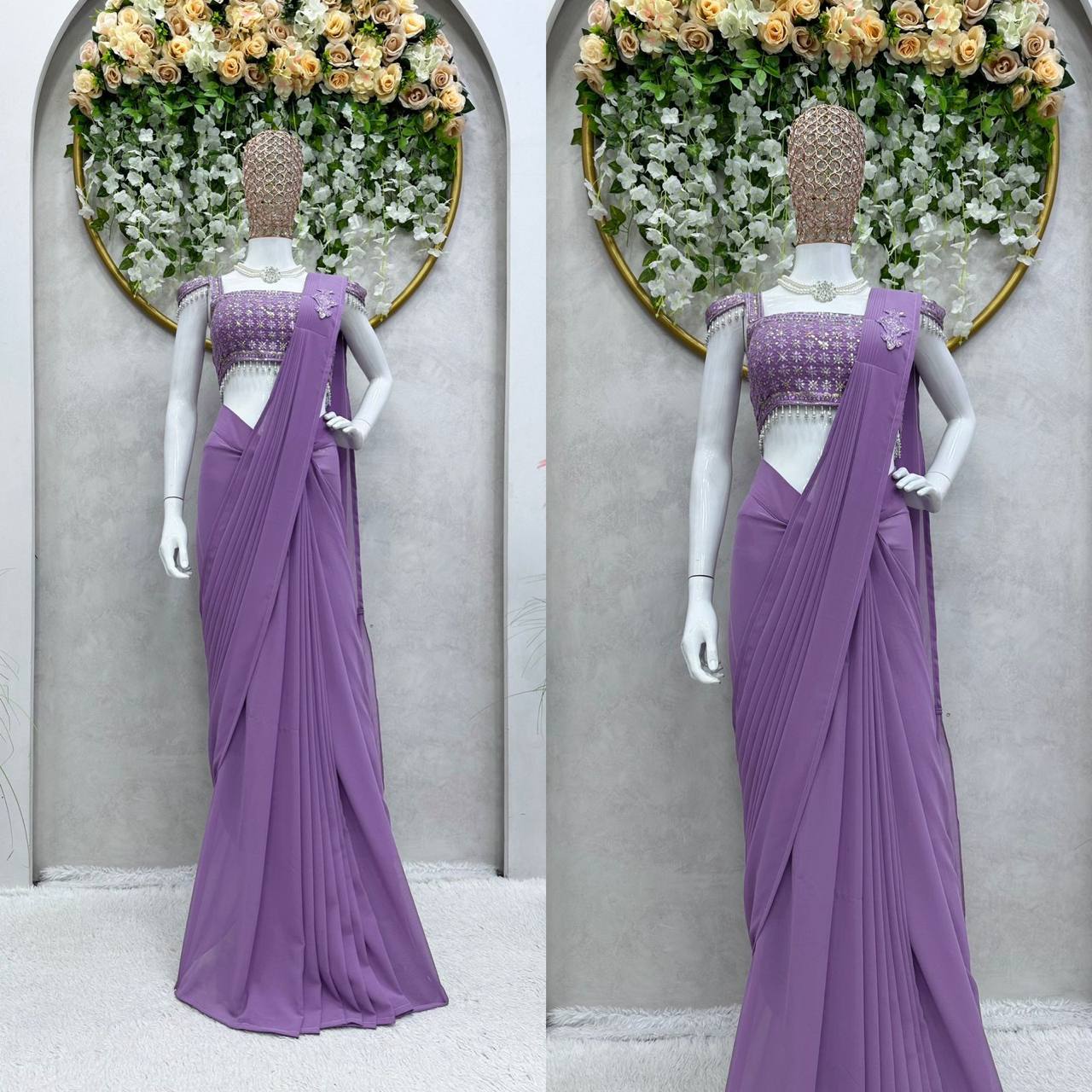 Latest Georgette Patch Ruffle Work Ready To Wear Saree For Women
