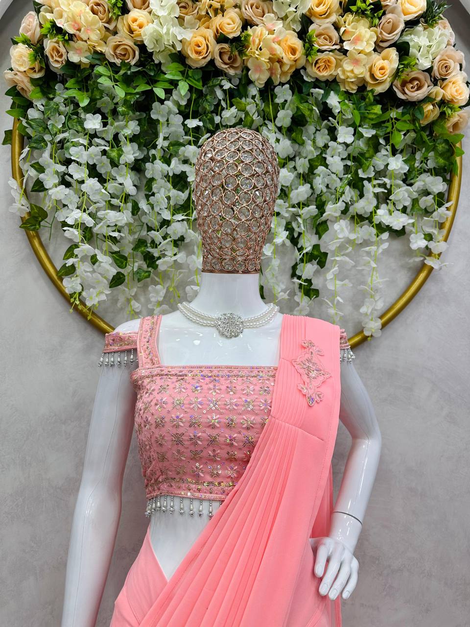 Latest Georgette Patch Ruffle Work Ready To Wear Saree For Women