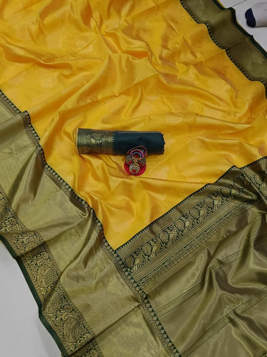 Yellow color Lichi Silk Jacquard saree with blouse