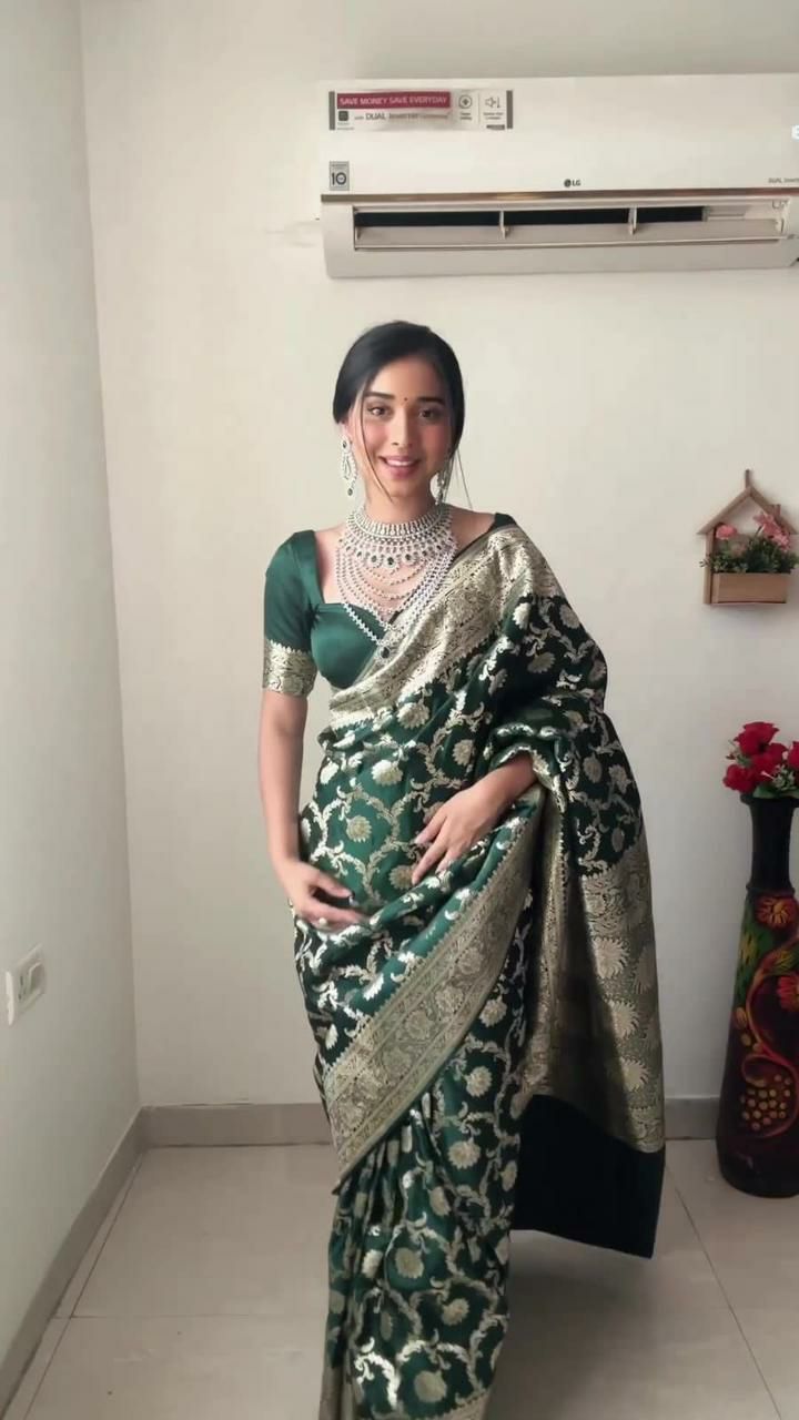 Green Color Ready To Wear Soft Cotton golden Weave Saree